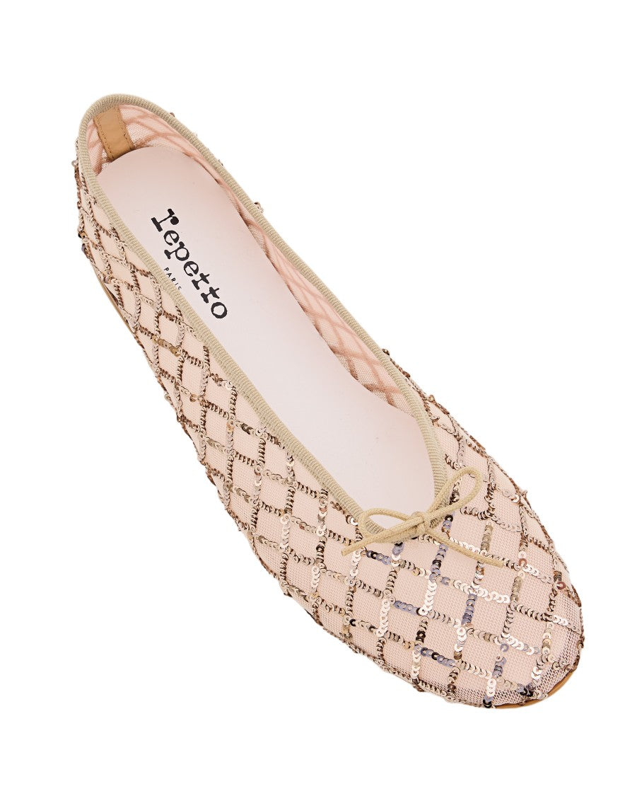 Repetto Light Gold Ballet Flats With Sequin Grid Design