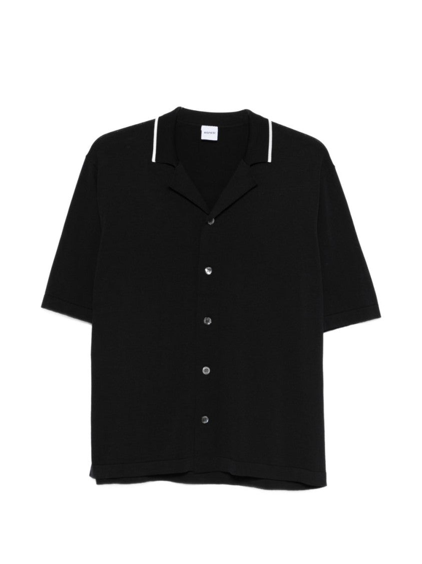Aspesi Boxy Short-Sleeve Black Shirt With Classic Collar And Subtle Piping
