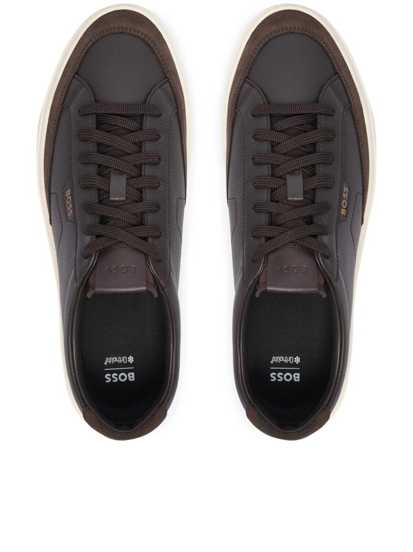Hugo Boss Dark Brown Textured Leather Sneakers