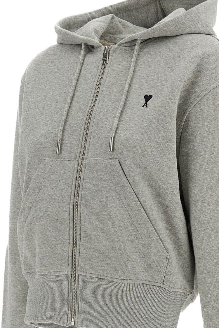 Ami Paris Grey Zipped Loopback Cotton Hoodie