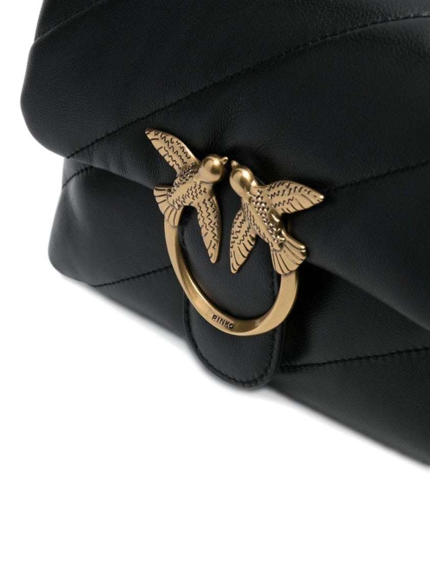 Pinko Quilted Black Shoulder Bag With Gold-Tone Bird Motif