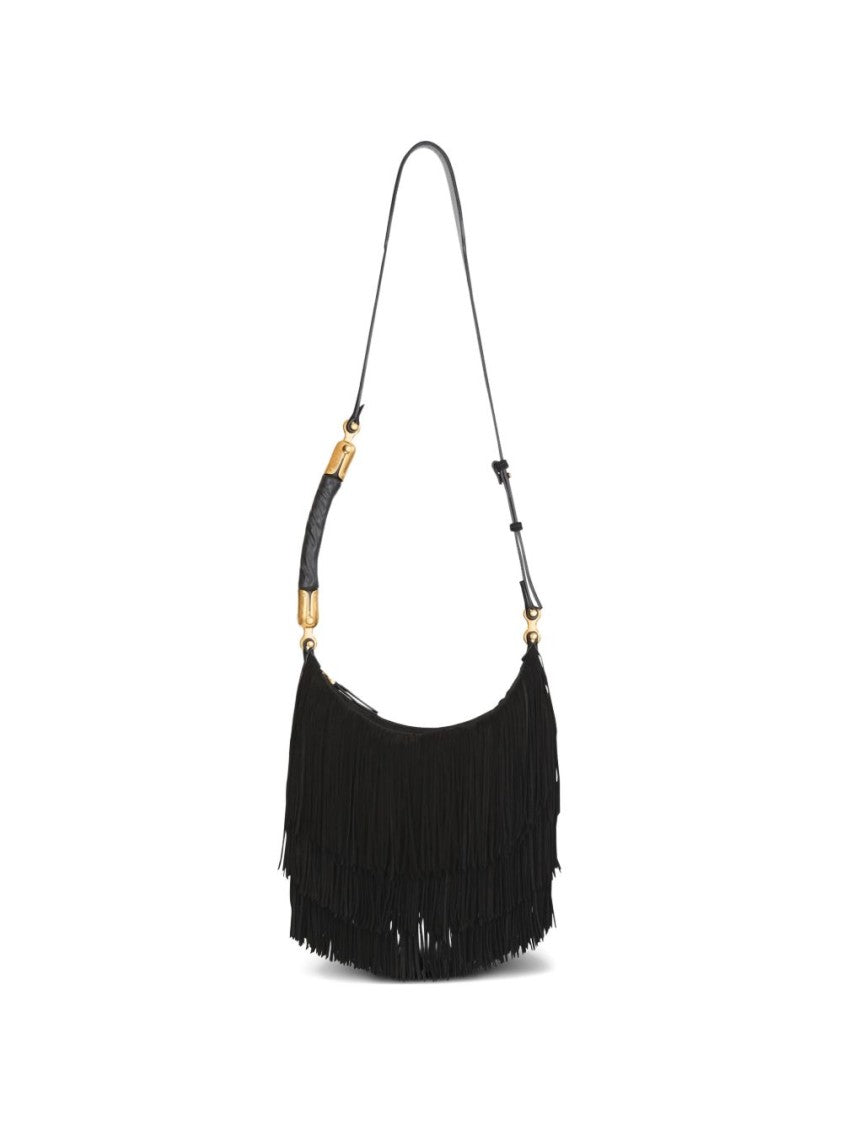 Balmain Black Fringe Detail Suede Shoulder Bag