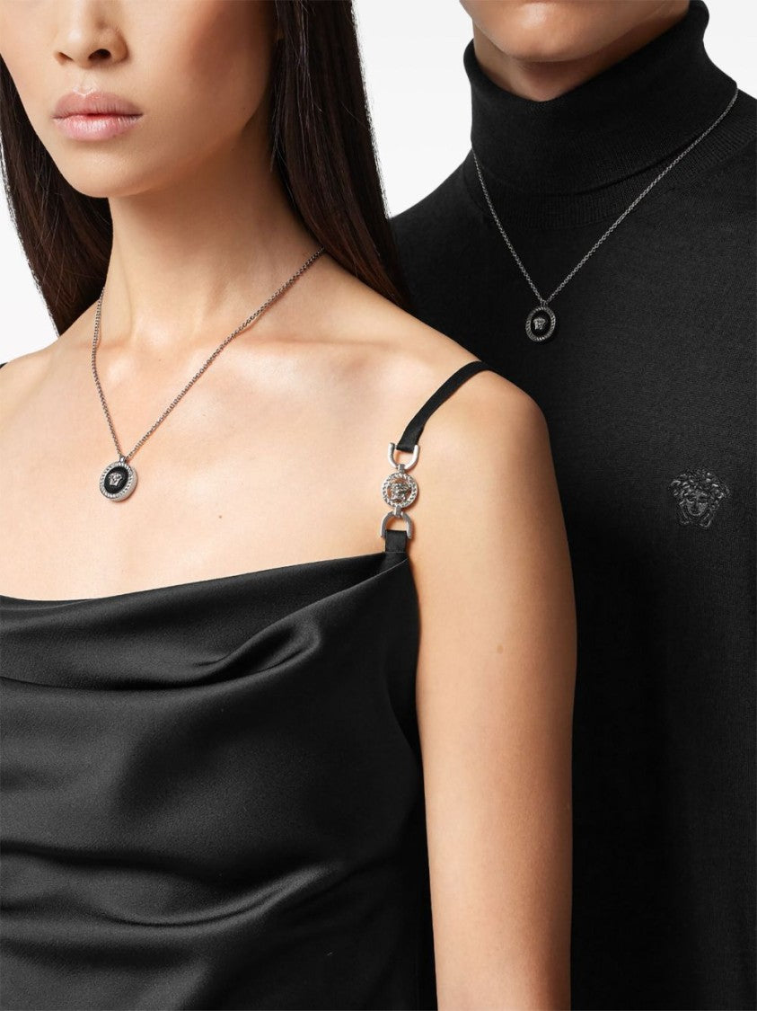 Versace Silver-Tone Chain Necklace With Greek Key Pendant
