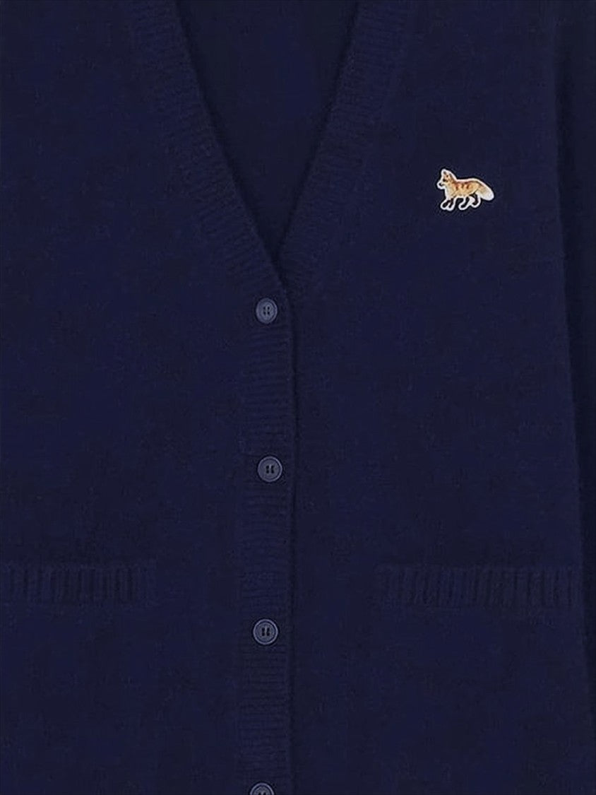 Maison Kitsuné Cropped Blue Wool Cardigan With V-Neck