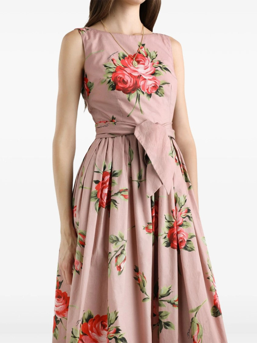 Dolce & Gabbana Sleeveless Midi Floral Pleated Cotton Dress