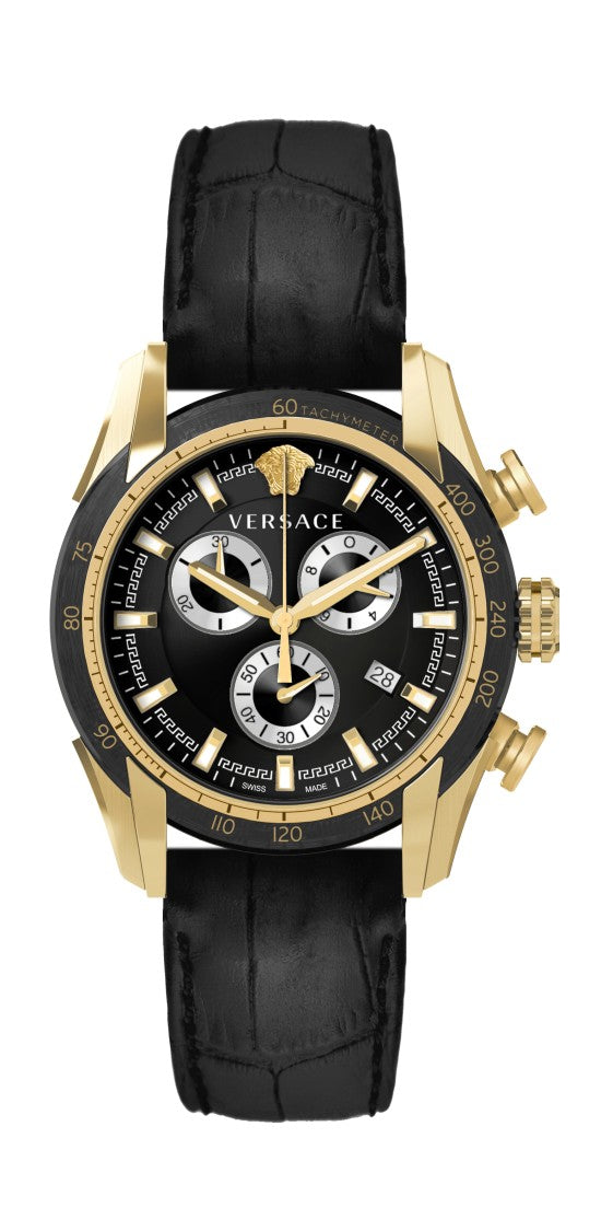 Versace Bold Round Dial Watch With Textured Leather Strap