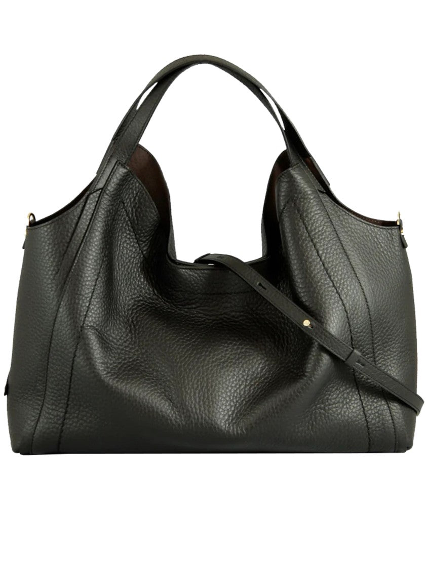 Loristella Spacious Black Pebbled Leather Shoulder Bag With Gold-Tone Accents