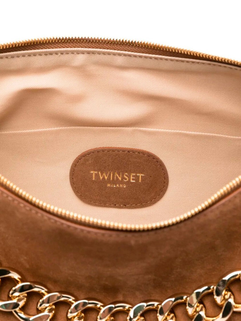 Twin-Set Curved Suede Crossbody Bag With Chain Strap