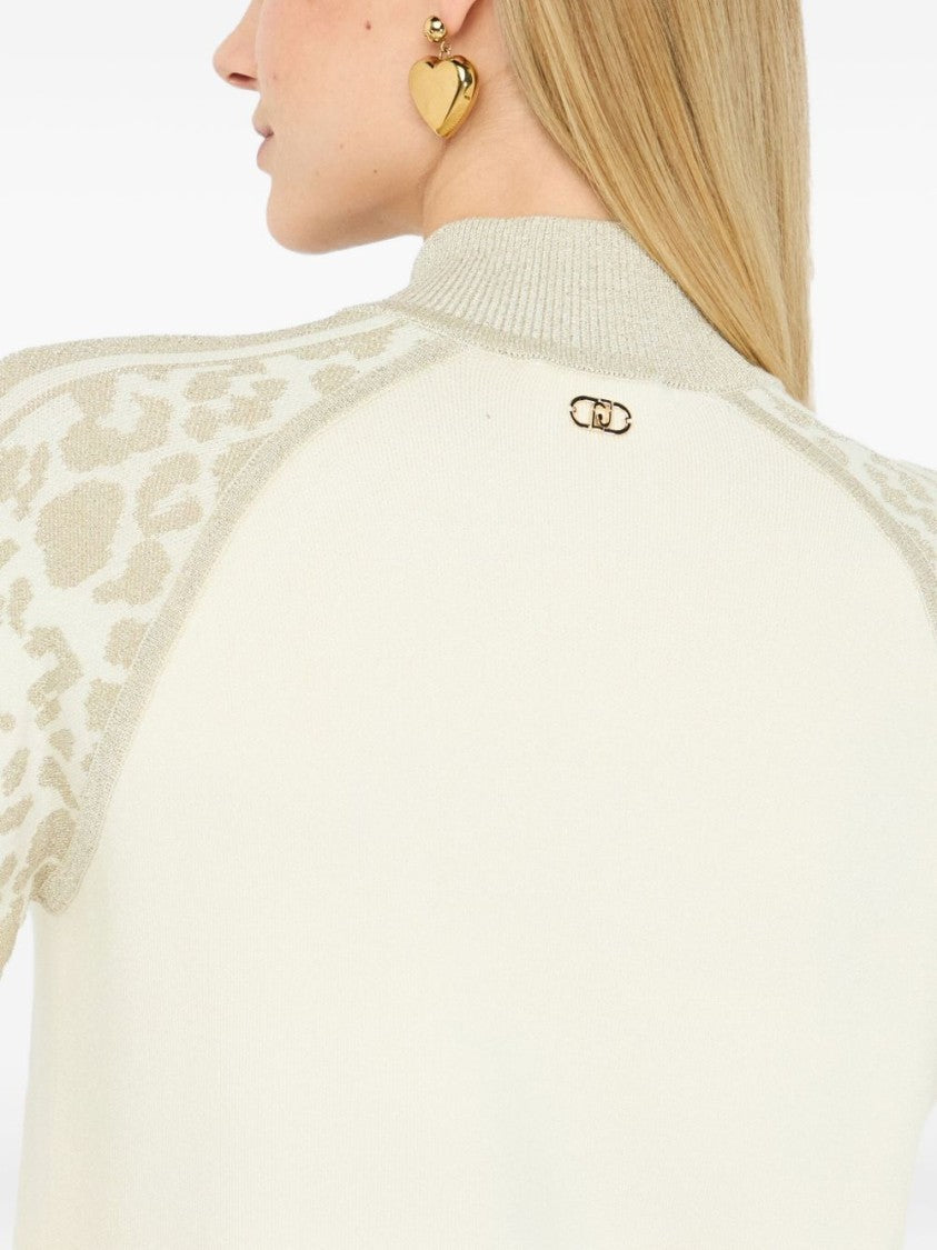 Liu Jo High Collar Zip-Up Sweater With Subtle Leopard Print Detail