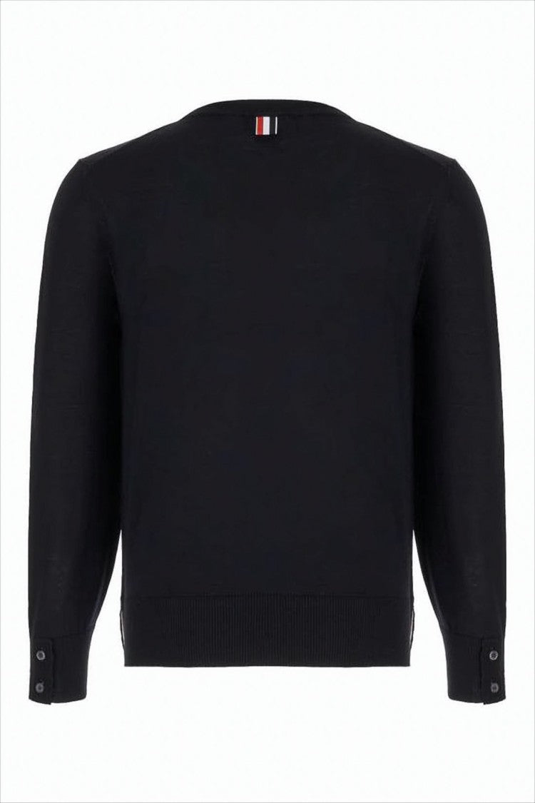 Thom Browne Classic Crew Neck Black Merino Wool Sweater With Ribbed Texture
