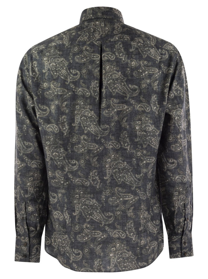 Brunello Cucinelli Slim Fit Cotton Paisley Canvas Shirt