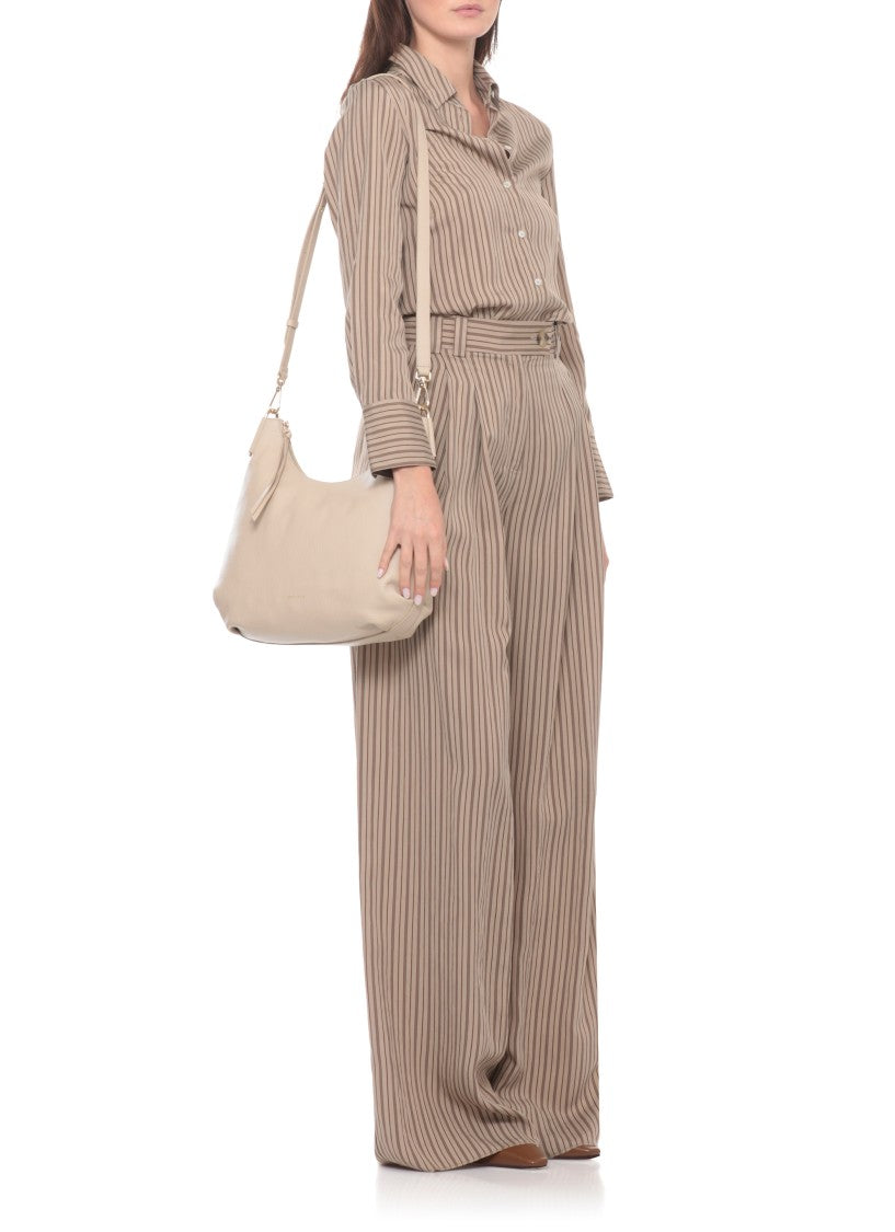 Coccinelle Beige Pebbled Leather Shoulder Bag With Adjustable Strap