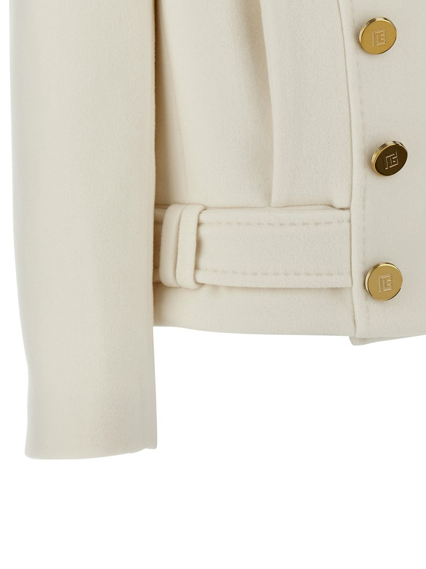 Balmain Double-Breasted Short Wool Blend Coat With Padded Shoulders And Belt Detail