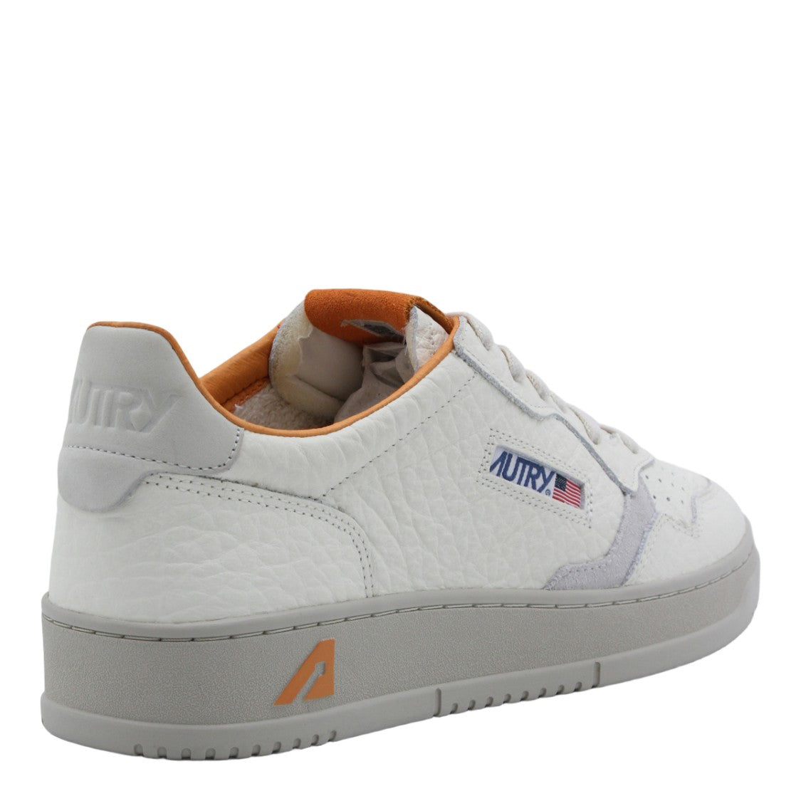 Autry Textured White Leather Sneakers With Orange Accents