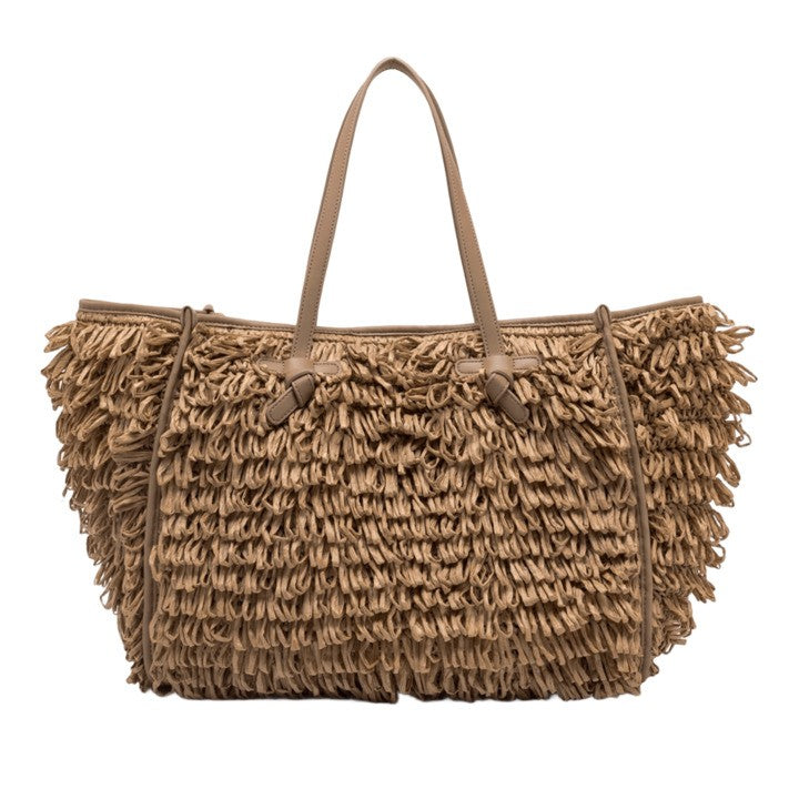 Marcella Handwoven Raffia Curl Handbag With Leather Handles