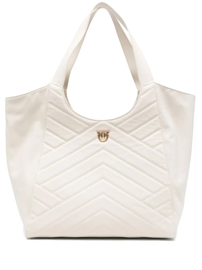 Pinko Quilted White Tote Bag With Chevron Pattern