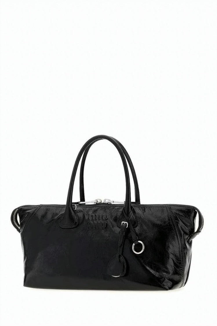 Miu Miu Glossy Leather Shoulder Bag With Embossed Branding And Dual Handles