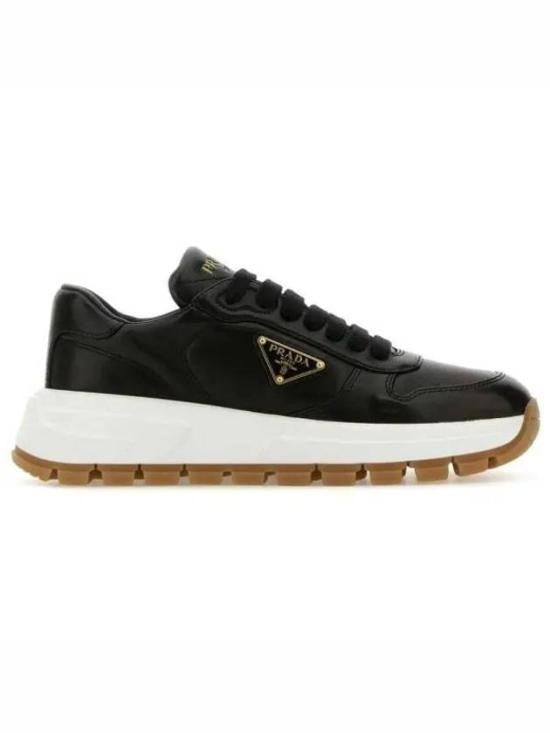 Prada Black Leather Low-Top Sneakers With Metallic Logo