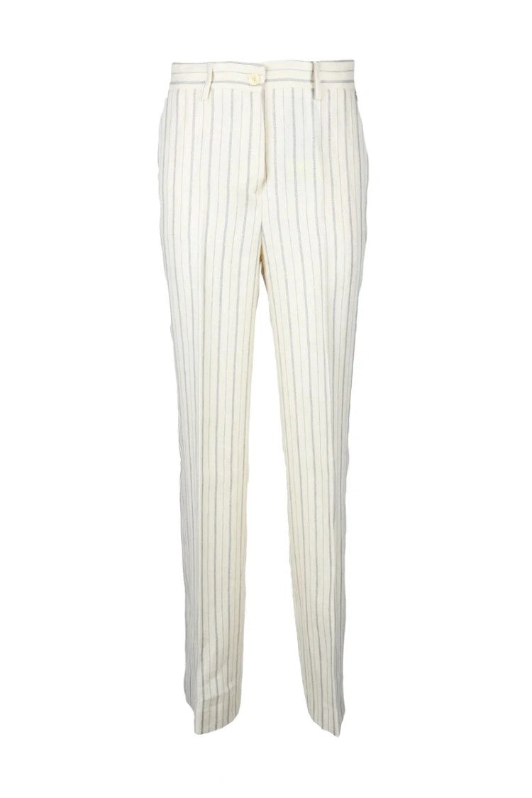 Twin-Set Tailored Beige Linen-Cotton Trousers With Vertical Stripes