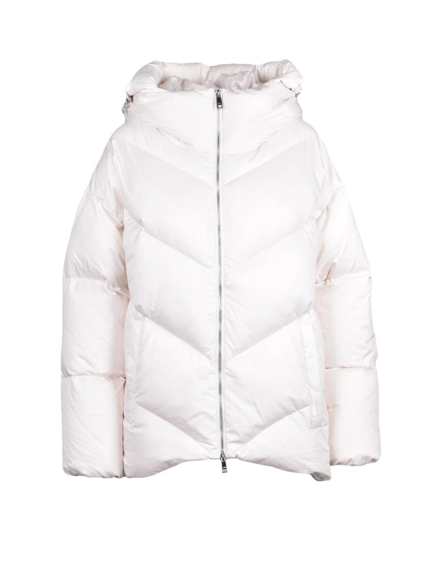 Add Asymmetric White Down Jacket With High Collar And Chevron Stitching
