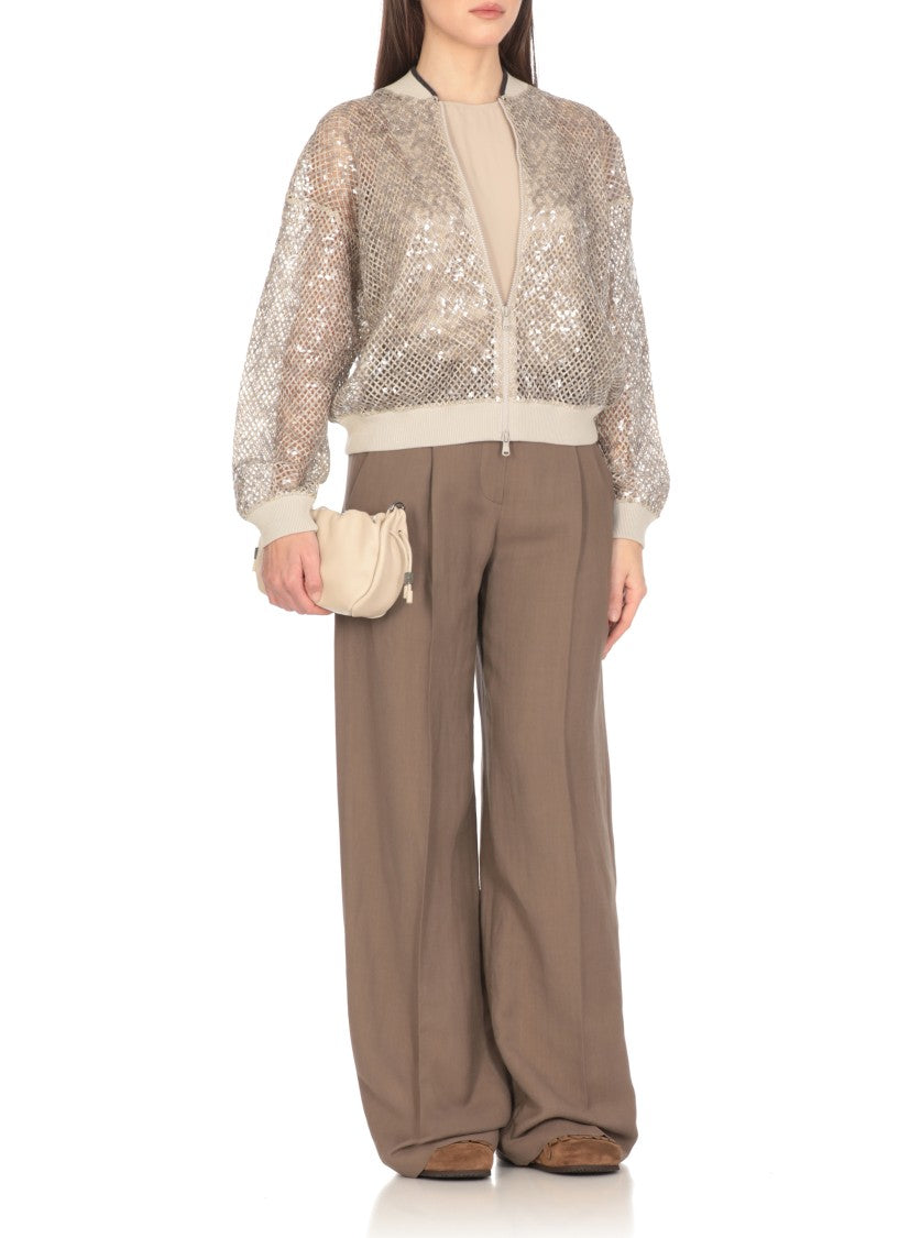 Brunello Cucinelli Beige Linen Cardigan With Sequined Embellishments