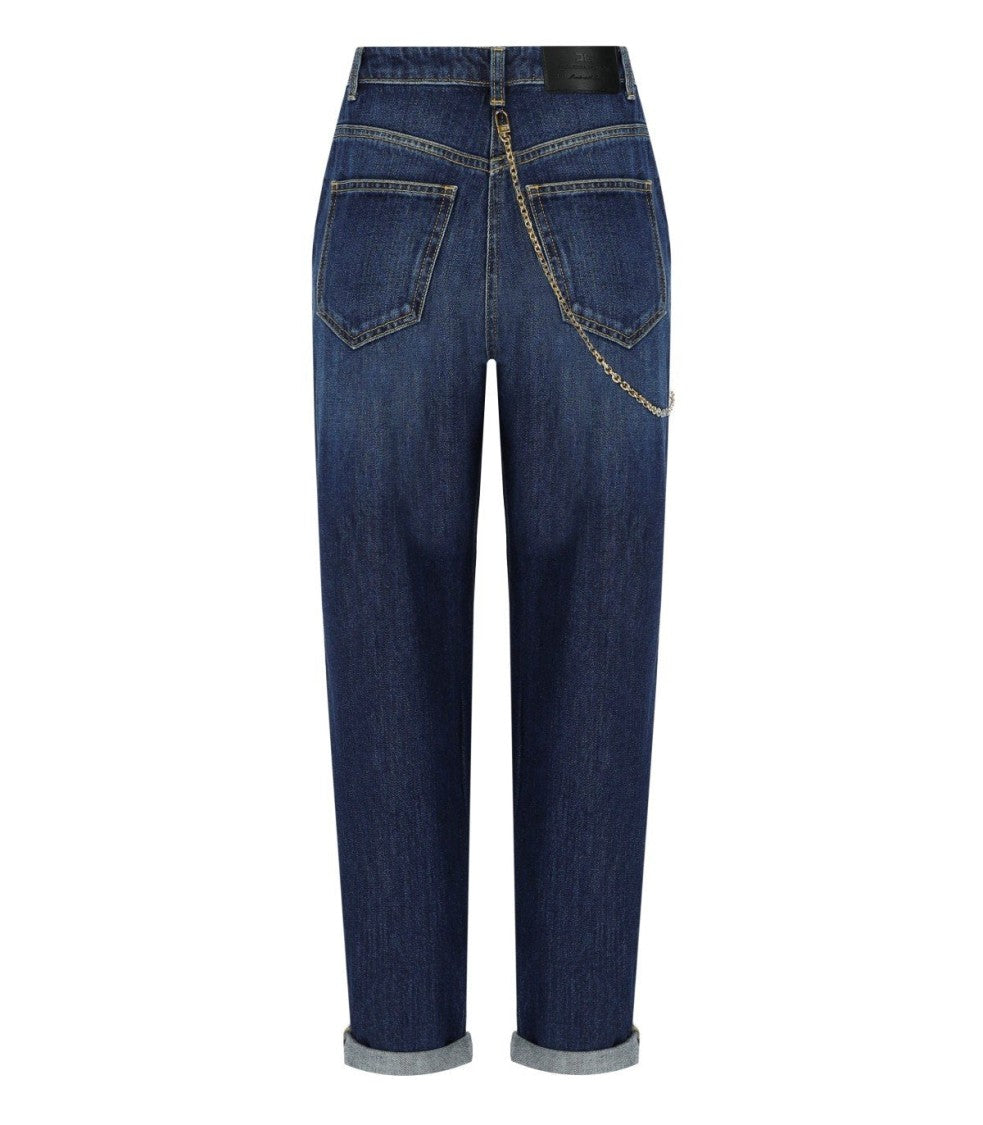 Elisabetta Franchi Capri Blue Denim Jeans With Removable Gold Chain