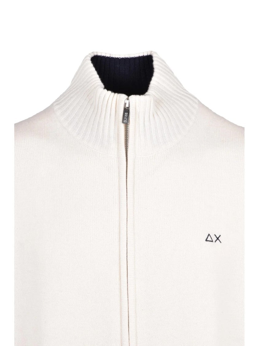 Sun68 White High Neck Zip Merino Wool-Blend Cardigan