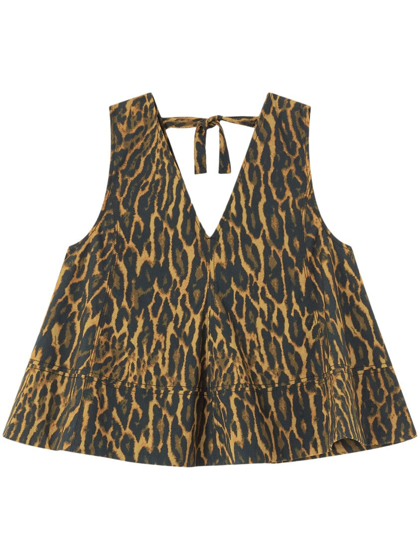 Ganni A-Line Animal Print Top With Deep V-Neckline