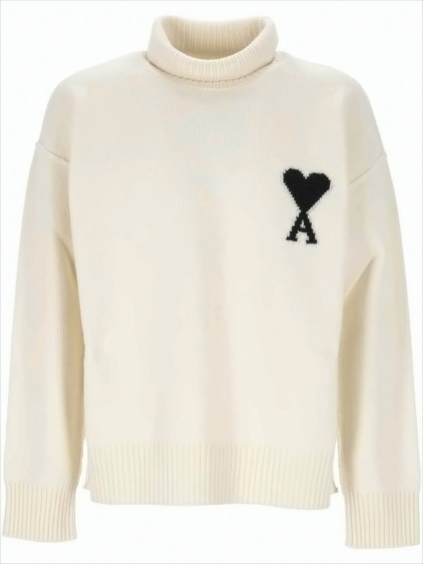 Ami Paris White Turtleneck Sweater With Subtle Emblem
