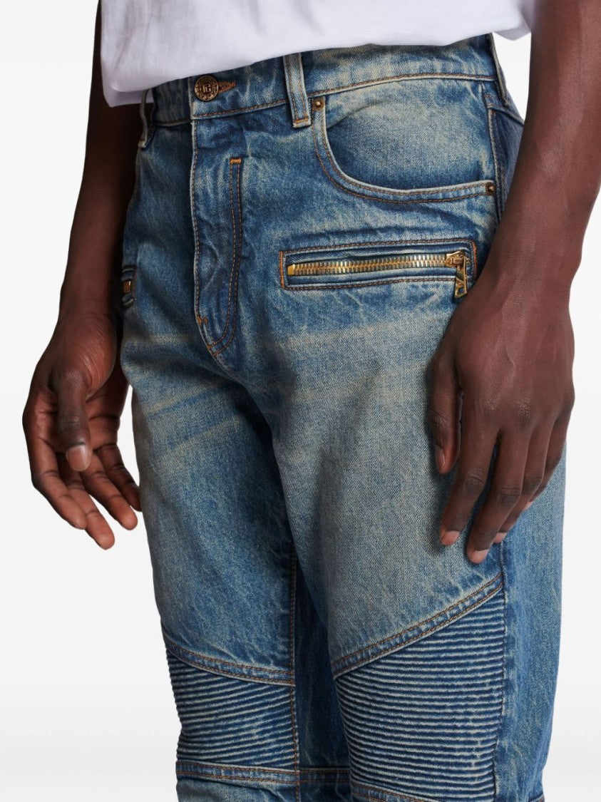 Balmain Blue Ribbed Detail Five-Pocket Jeans