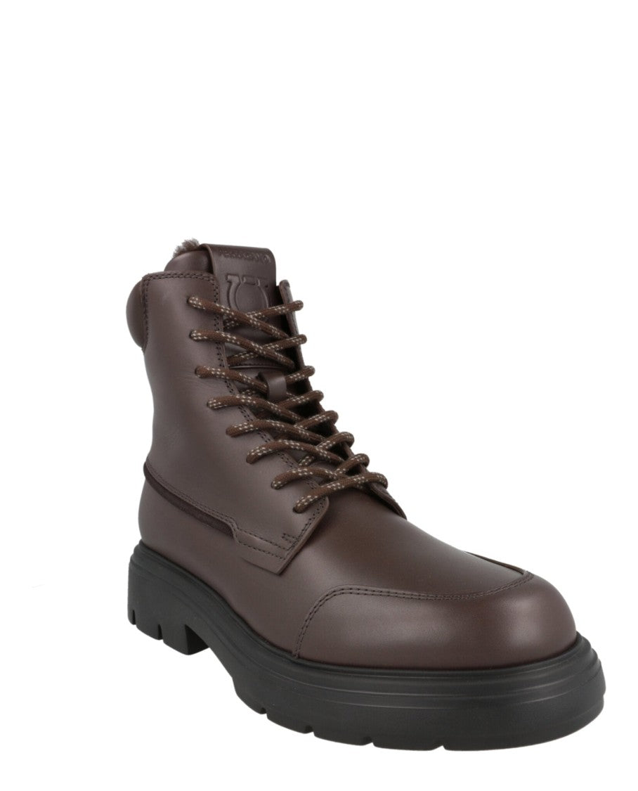 Ferragamo Brown Leather Combat Boots With Block Heel And Side Zippers