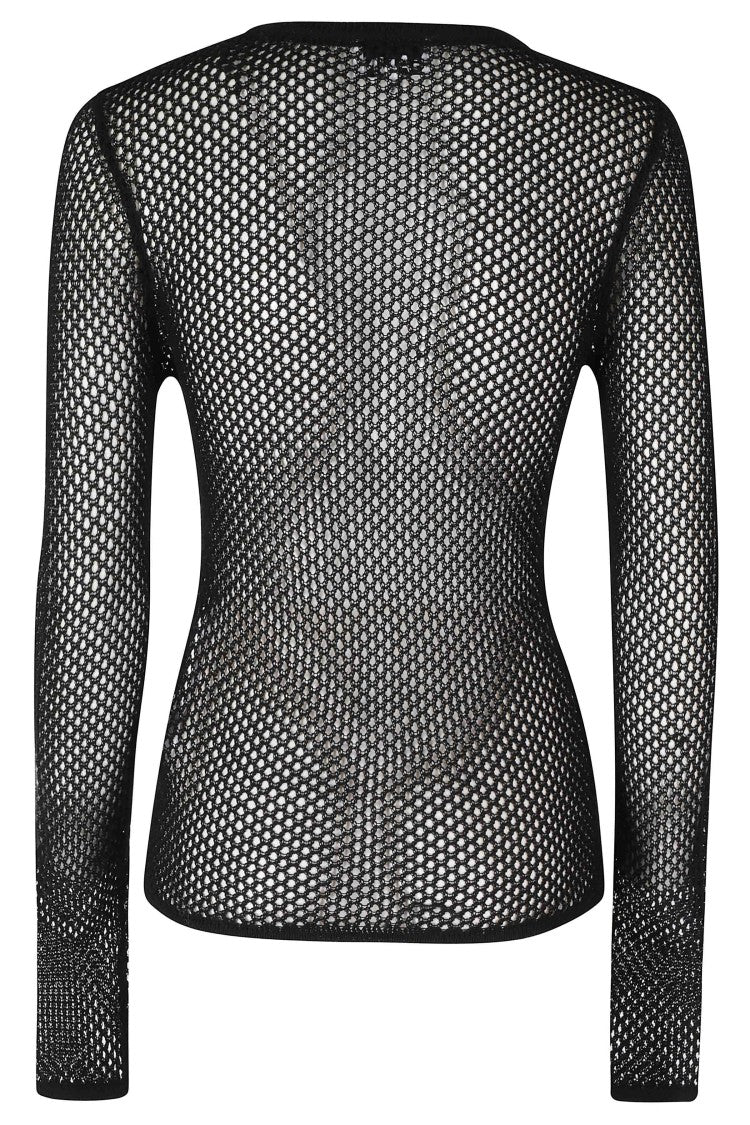 Ganni Black Mercerized Cotton Mesh Pointelle Floral-Embroidered Sweater