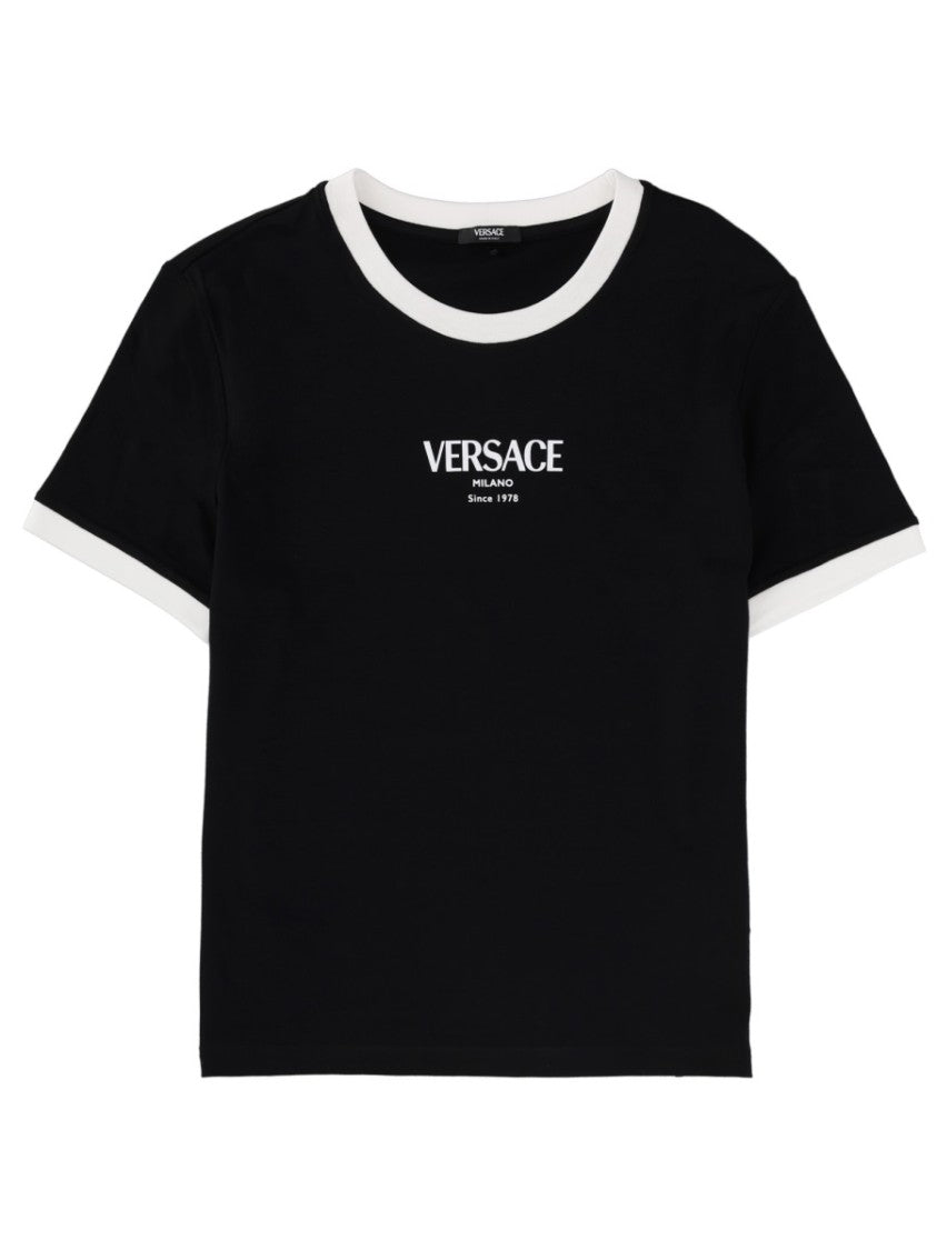 Versace Black Cropped White Trim Viscose-Blend T-Shirt
