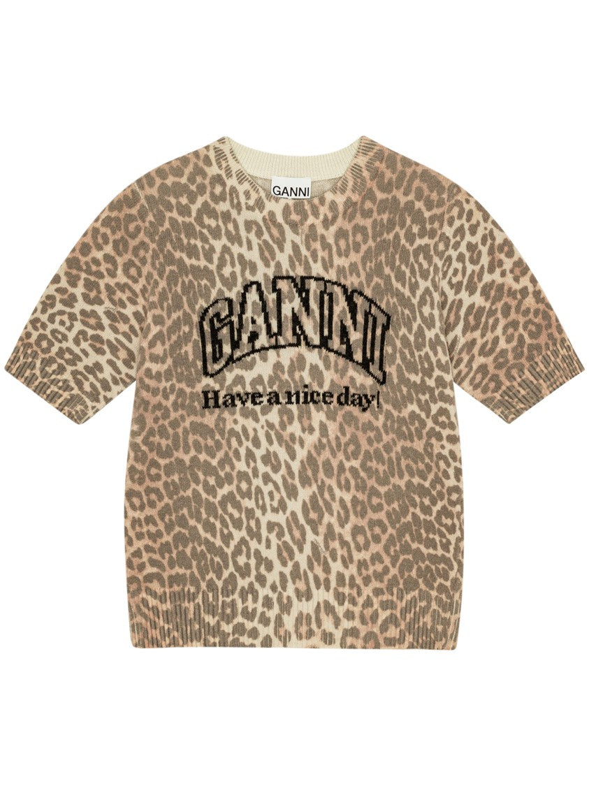 Ganni Leopard Print Wool Blend Ganni T-Shirt With Graphic Design