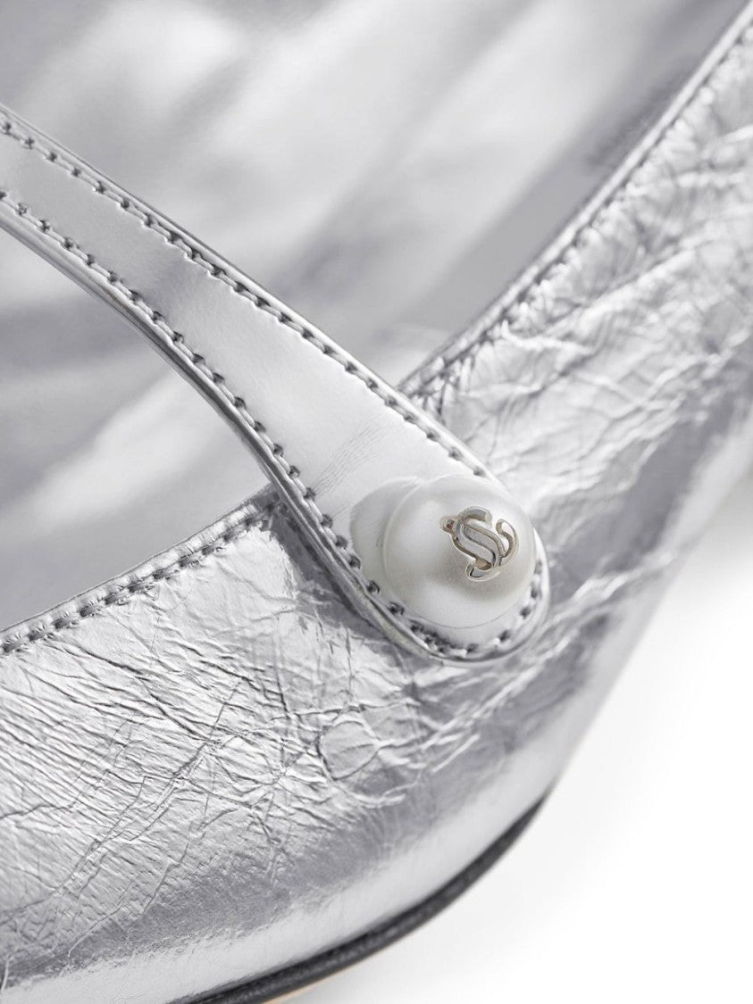 Jimmy Choo Rounded Toe Silver Leather Heeled Pumps With Front Strap