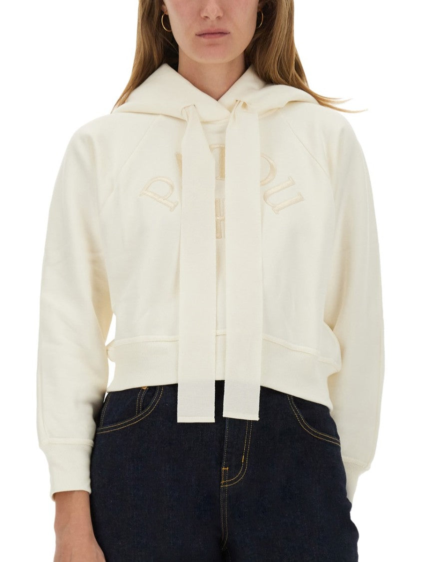 Patou Cropped Hoodie With Embossed Logo And Drawstring Hood