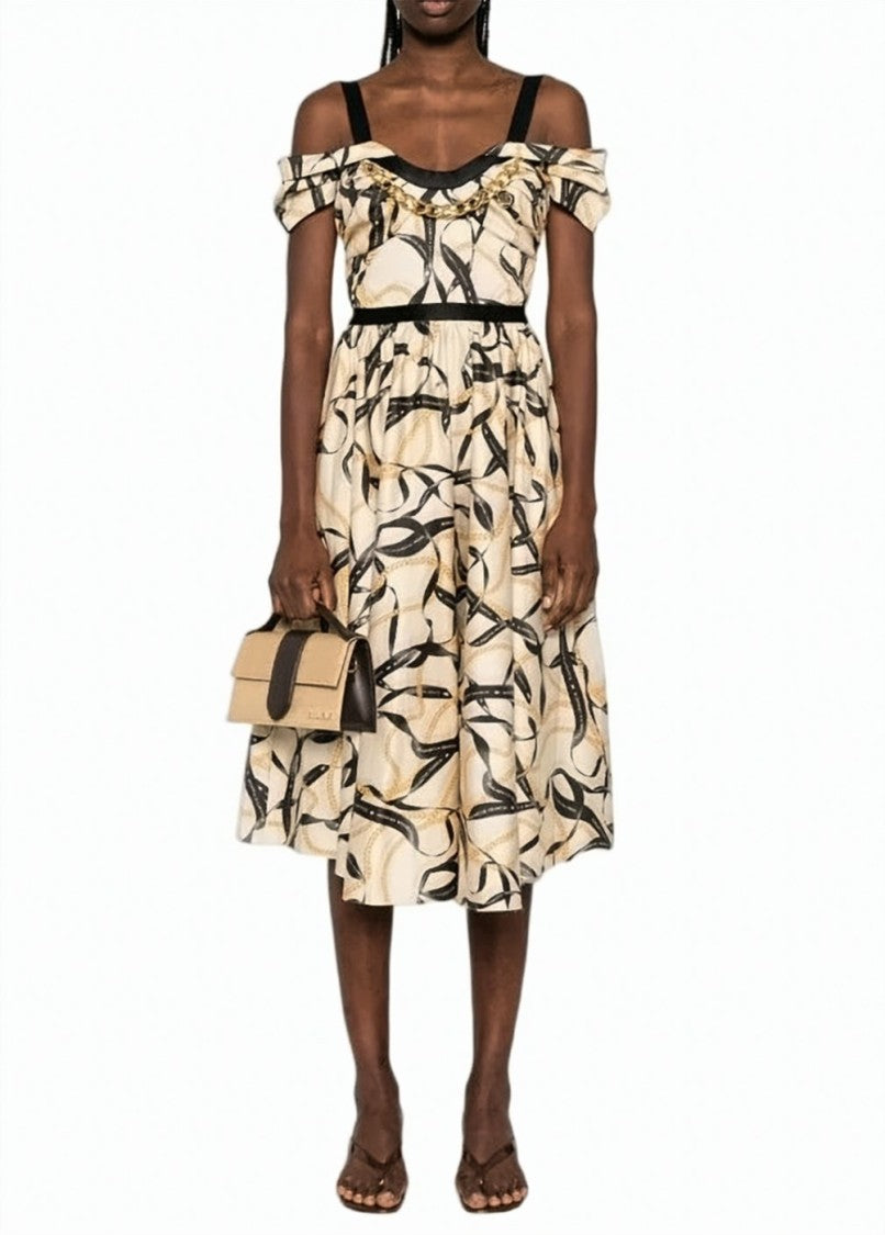 Elisabetta Franchi Ribbon Print Off Shoulder Dress