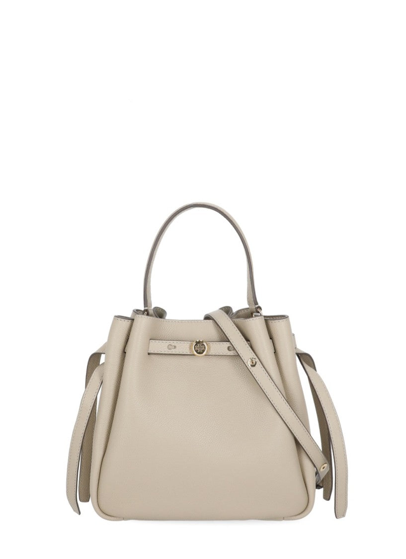 Tory Burch Beige Gold Logo Leather Bucket Bag