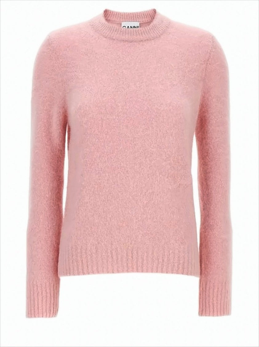 Ganni Plush Pink Sweater With Ribbed Cuffs And Subtle Branding