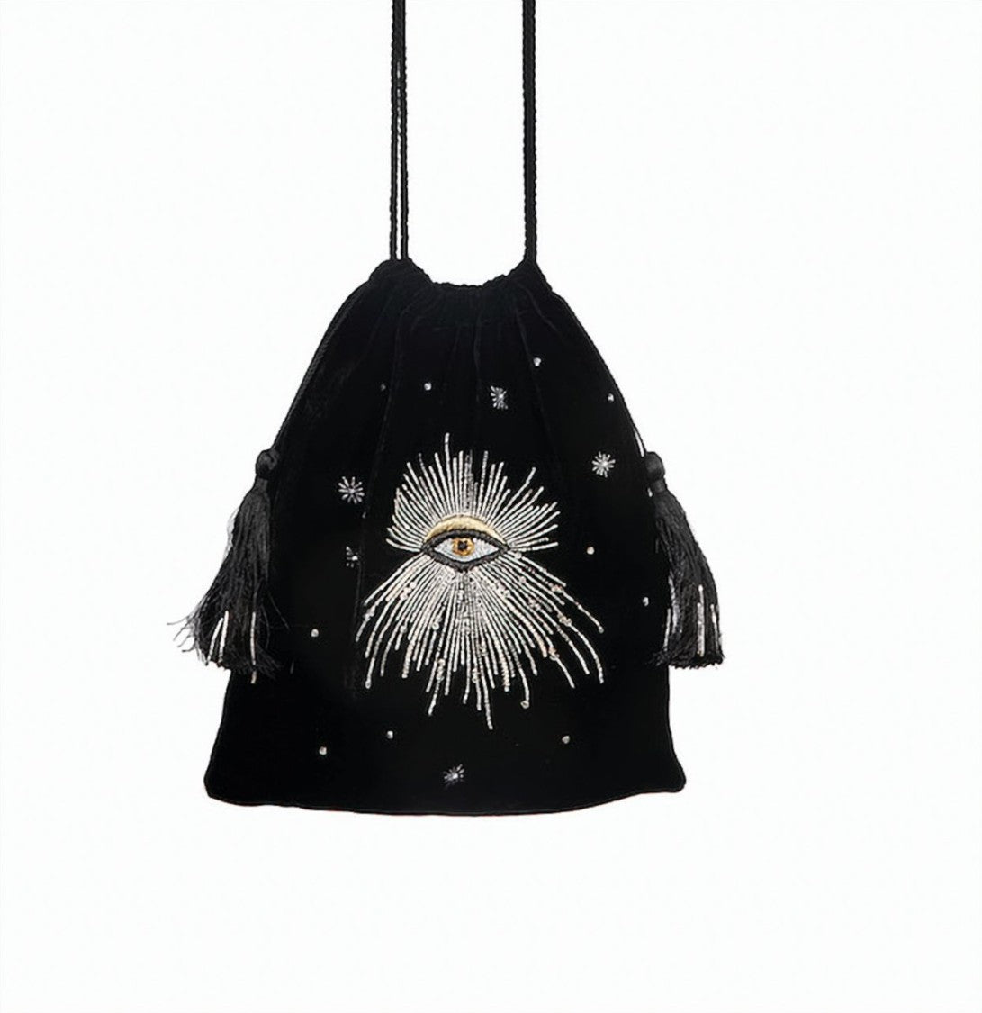 Hamoulet Black Velvet Drawstring Bag With Intricate Silver Embroidery