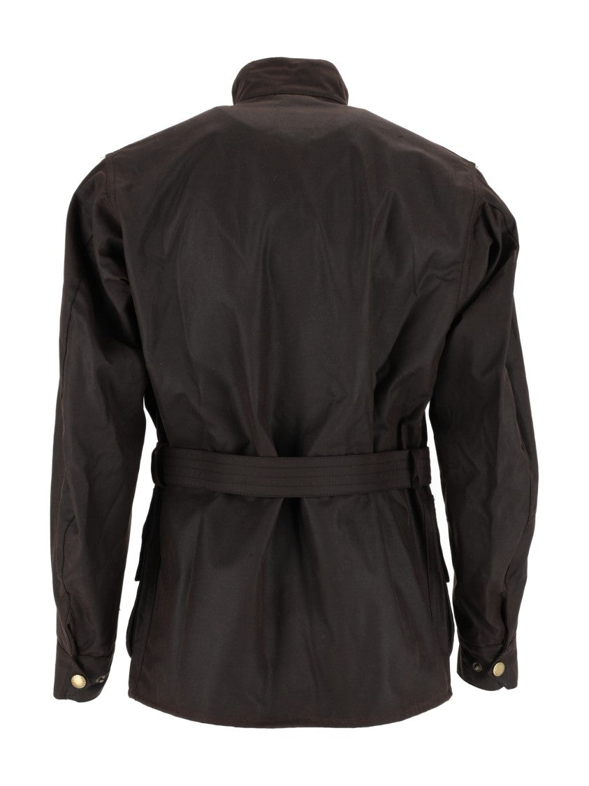 Barbour Brown Waxed Cotton Jacket With Belted Waist And Functional Pockets