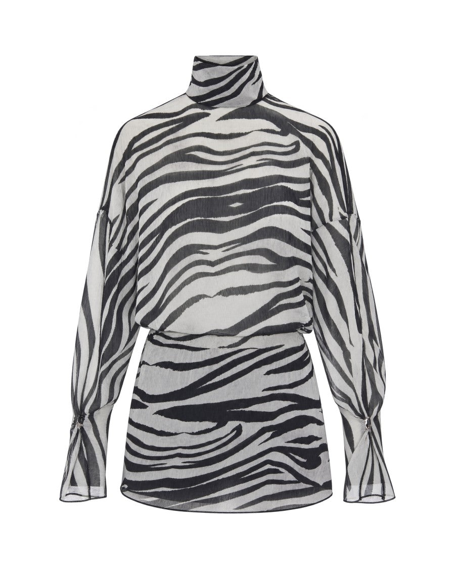 Patrizia Pepe Black White Zebra Print Puffed-Sleeve Mini Dress