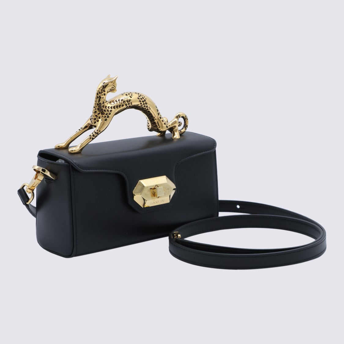 Lanvin Rectangular Black Bag With Leopard Handle And Geometric Clasp