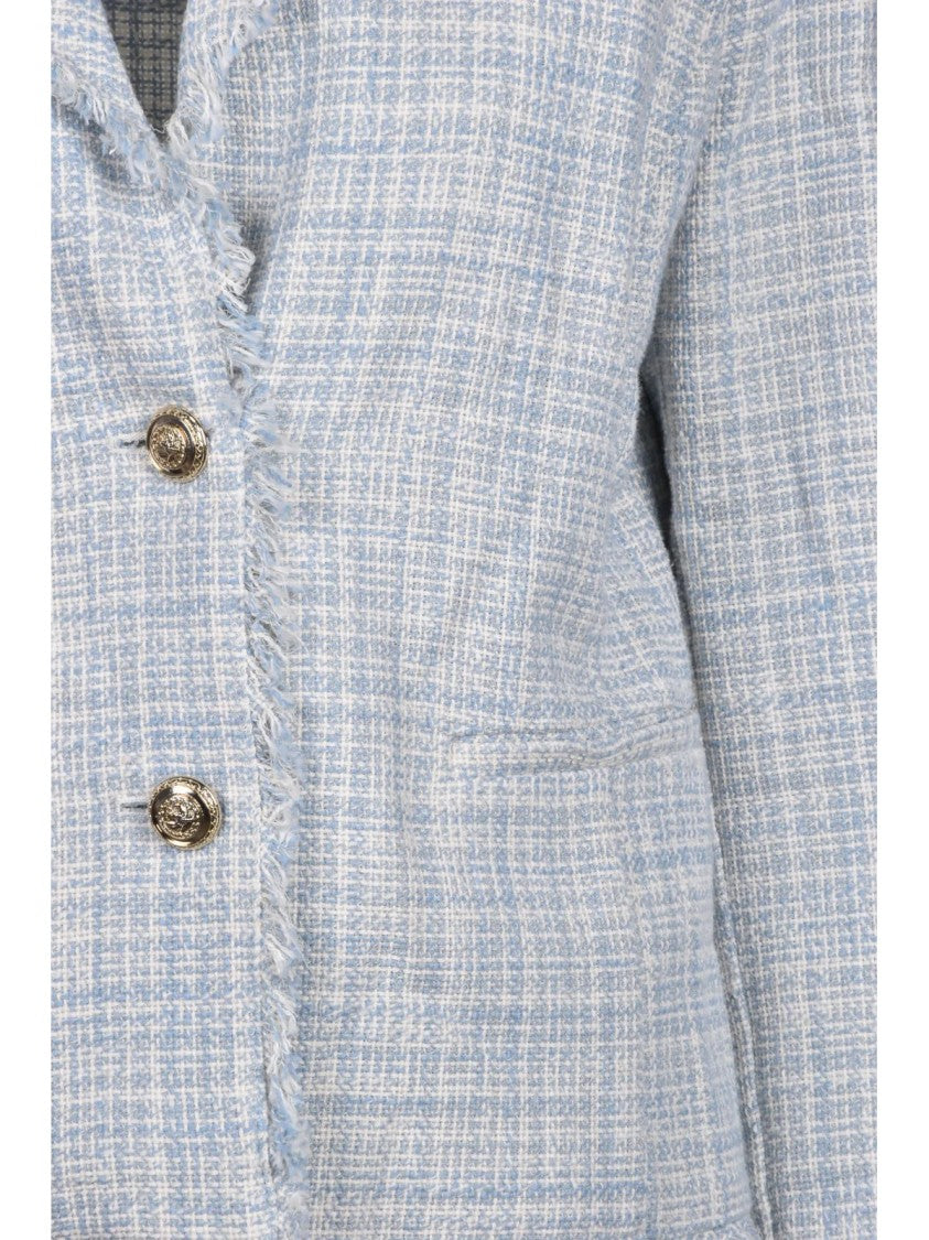 Emme By Marella Light Blue-White Jewel Button Checkered Cotton-Blend Blazer
