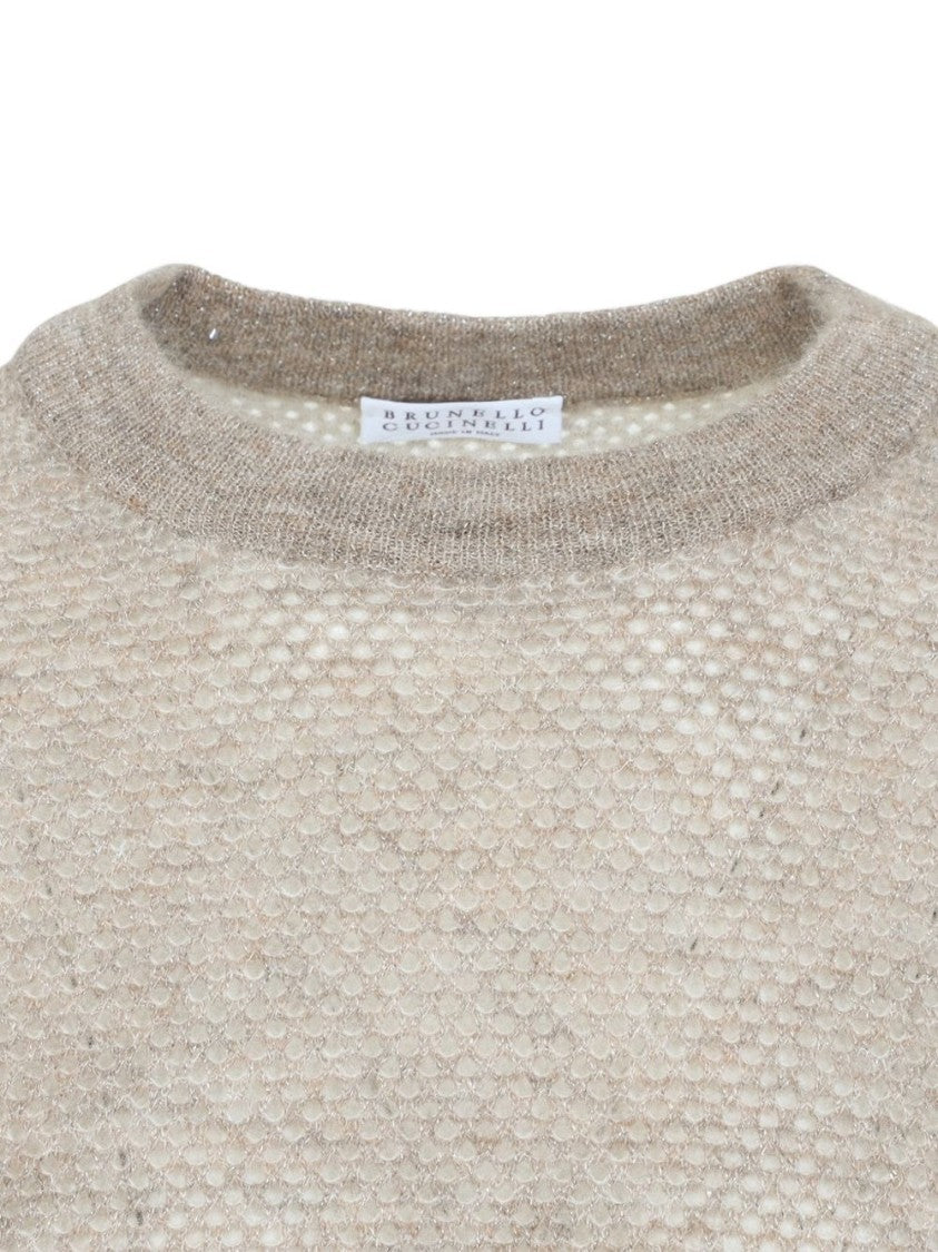 Brunello Cucinelli Black Open-Knit Crew Neck Dropped Sweater