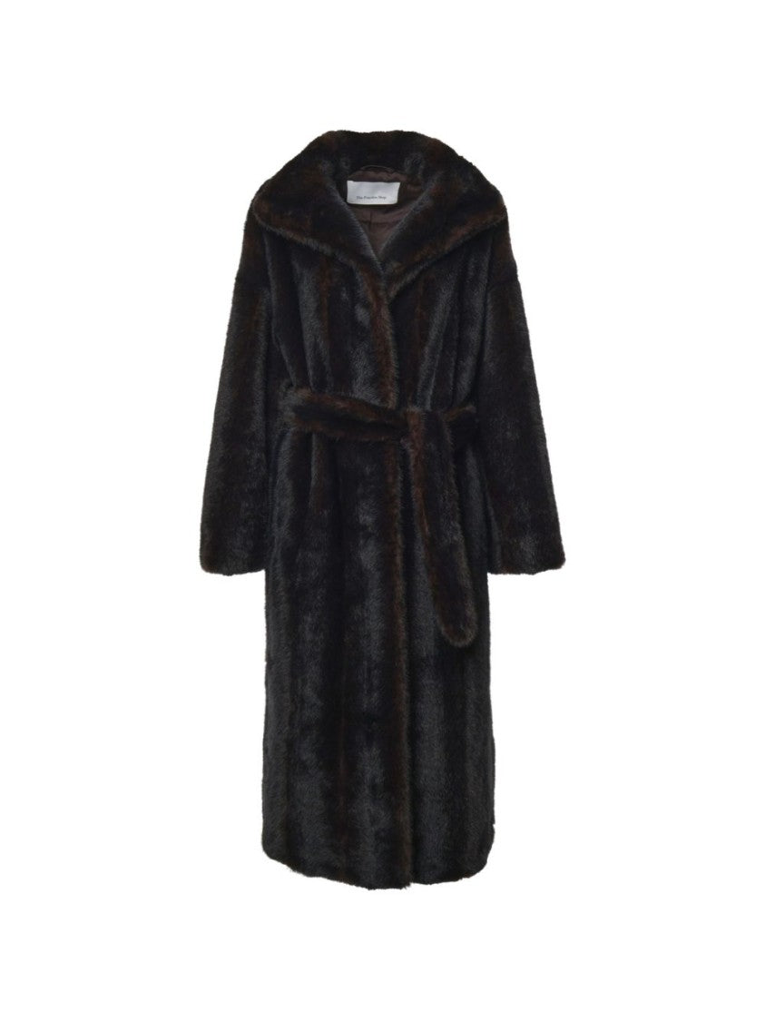 The Frankie Shop Plush Belted Faux Fur Wide Collar Jacket