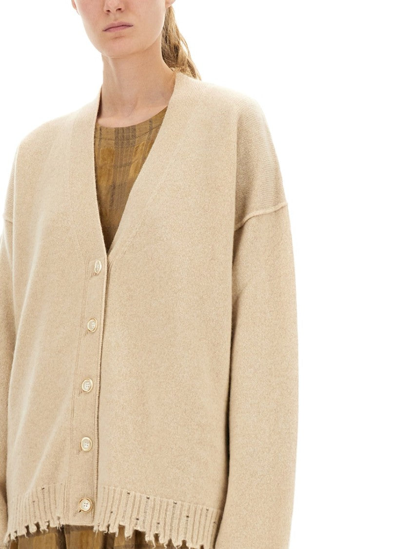 Uma Wang Relaxed Fit Cashmere Cardigan With V-Neckline And Distressed Edges
