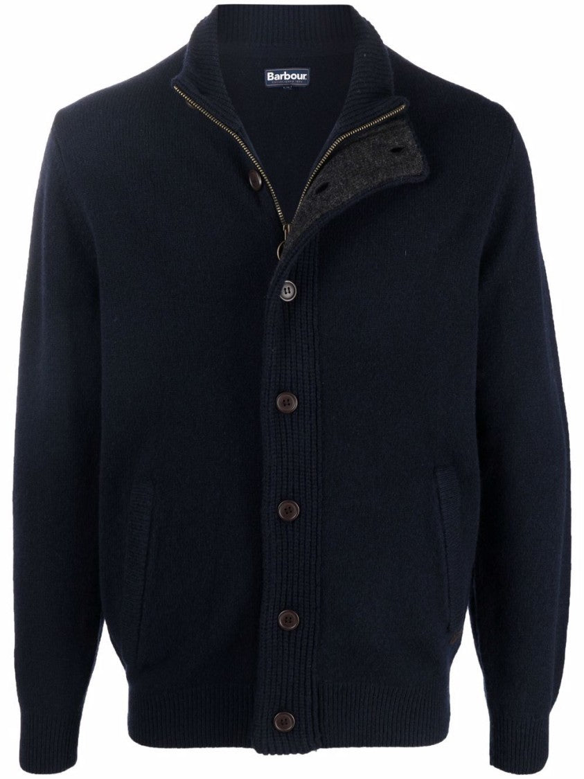 Barbour Navy Wool Zip-Through Sweater With High Neck And Elbow Patches