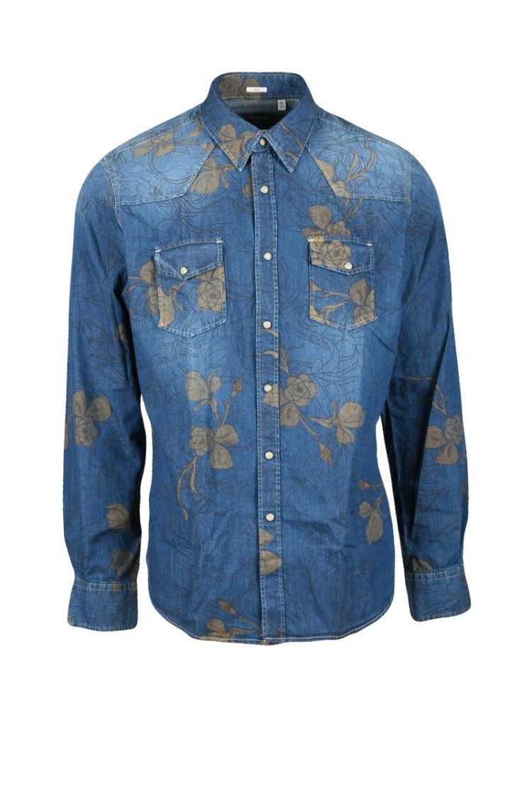 Ognunolasua Blue Floral Cotton Denim Shirt