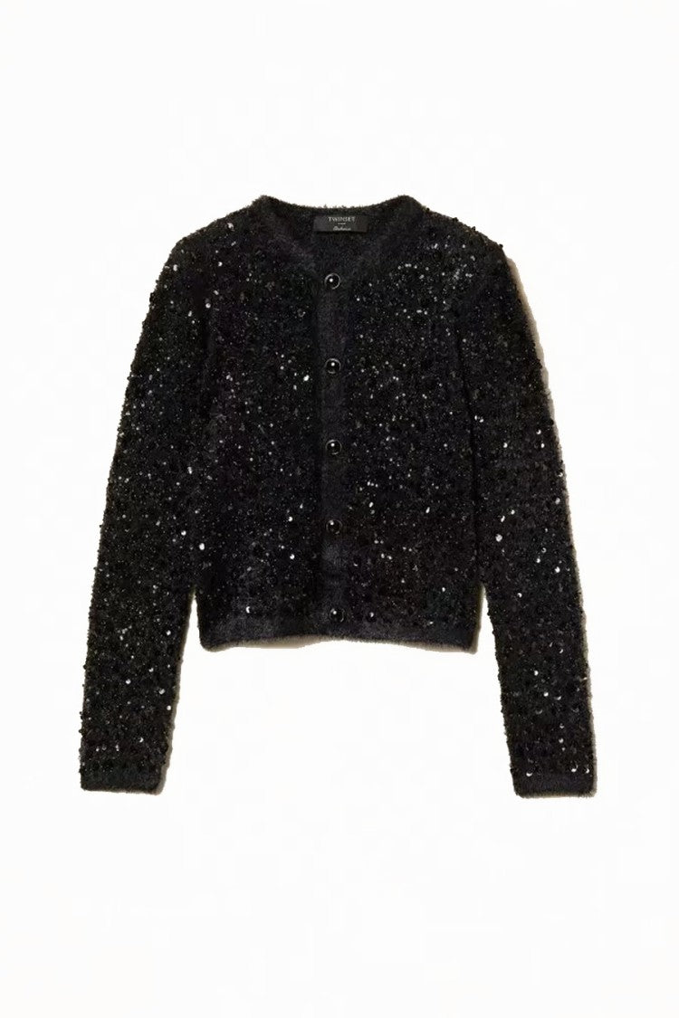 Twin-Set Black Sparkling Collarless Button-Front Jacket